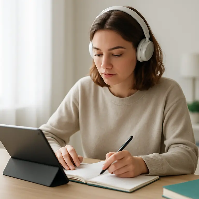 Persona estudiando de forma independiente con tablet y audífonos